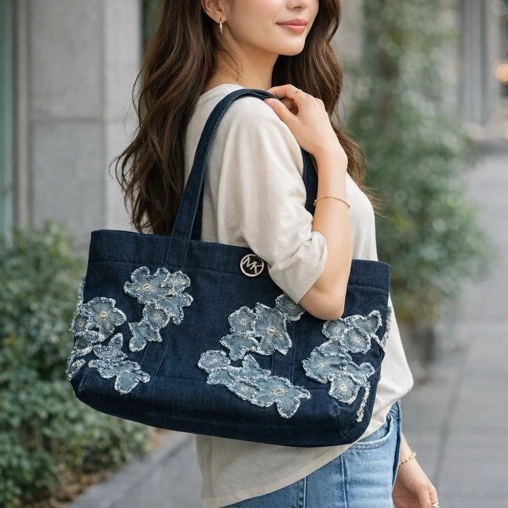 Michael Kors Denim Floral Appliqué Tote Bag Large Blue MK Shoulder Bag***RARE***